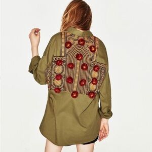 Zara Olive green button up oversized shirt with embroidered detailing Size S